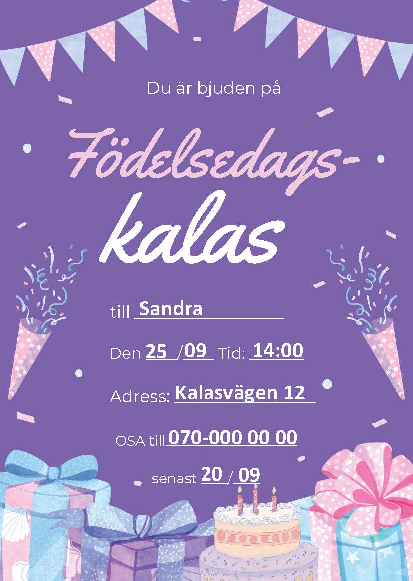 Nedladdningsbart inbjudningskort - födelsedagskalas