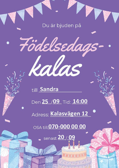 Nedladdningsbart inbjudningskort - födelsedagskalas